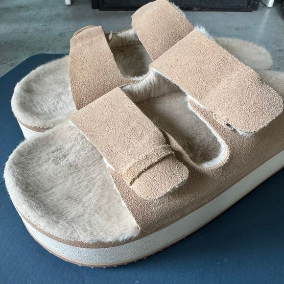Reef Ojai Ciara 2-Bar Shearling Lined Tan Suede Platform Slides Women’s Size 9 - Picture 5 of 8